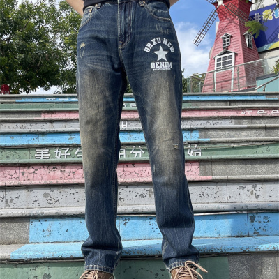 美式复古风印花直筒牛仔裤