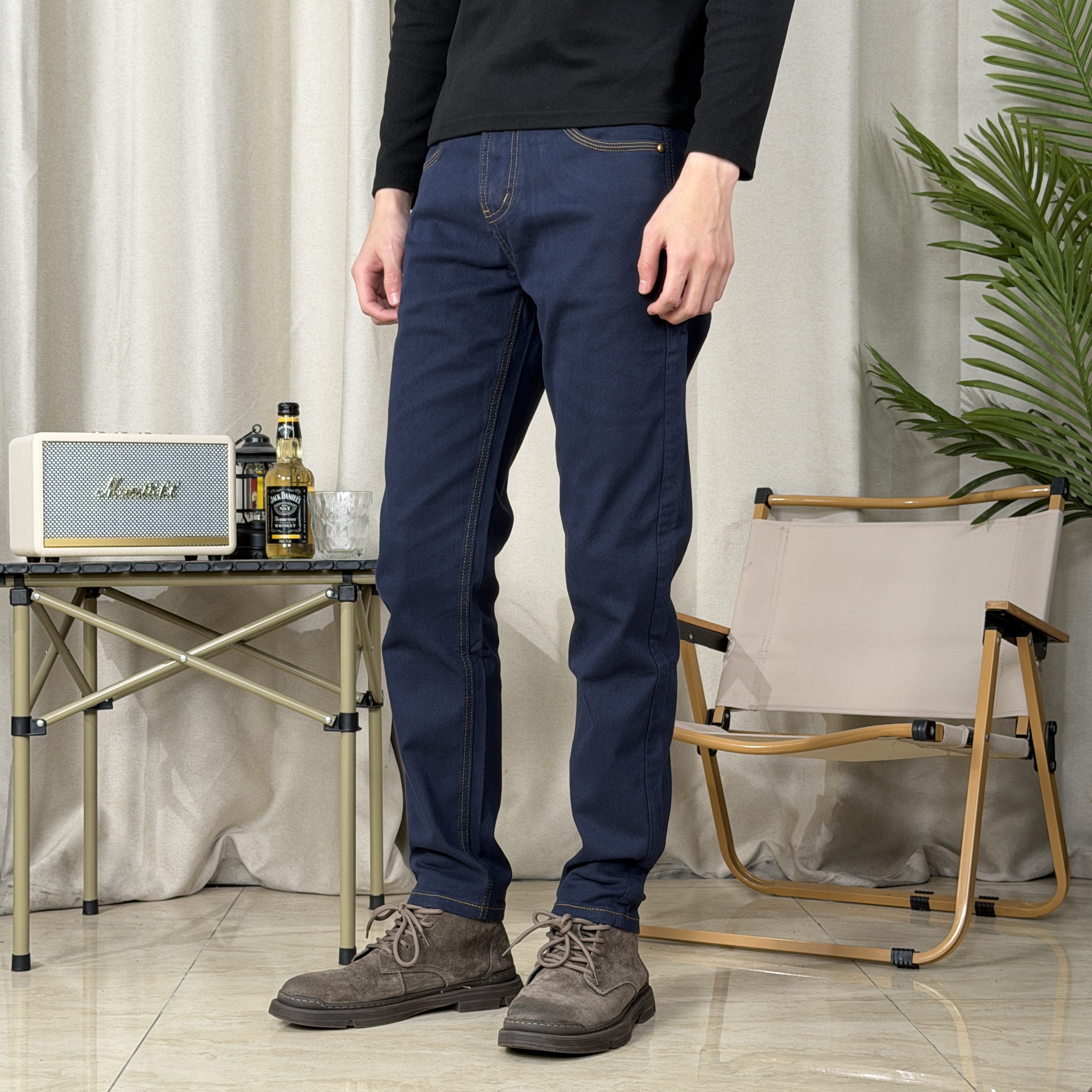 男士蓝色牛仔裤修身直筒长裤