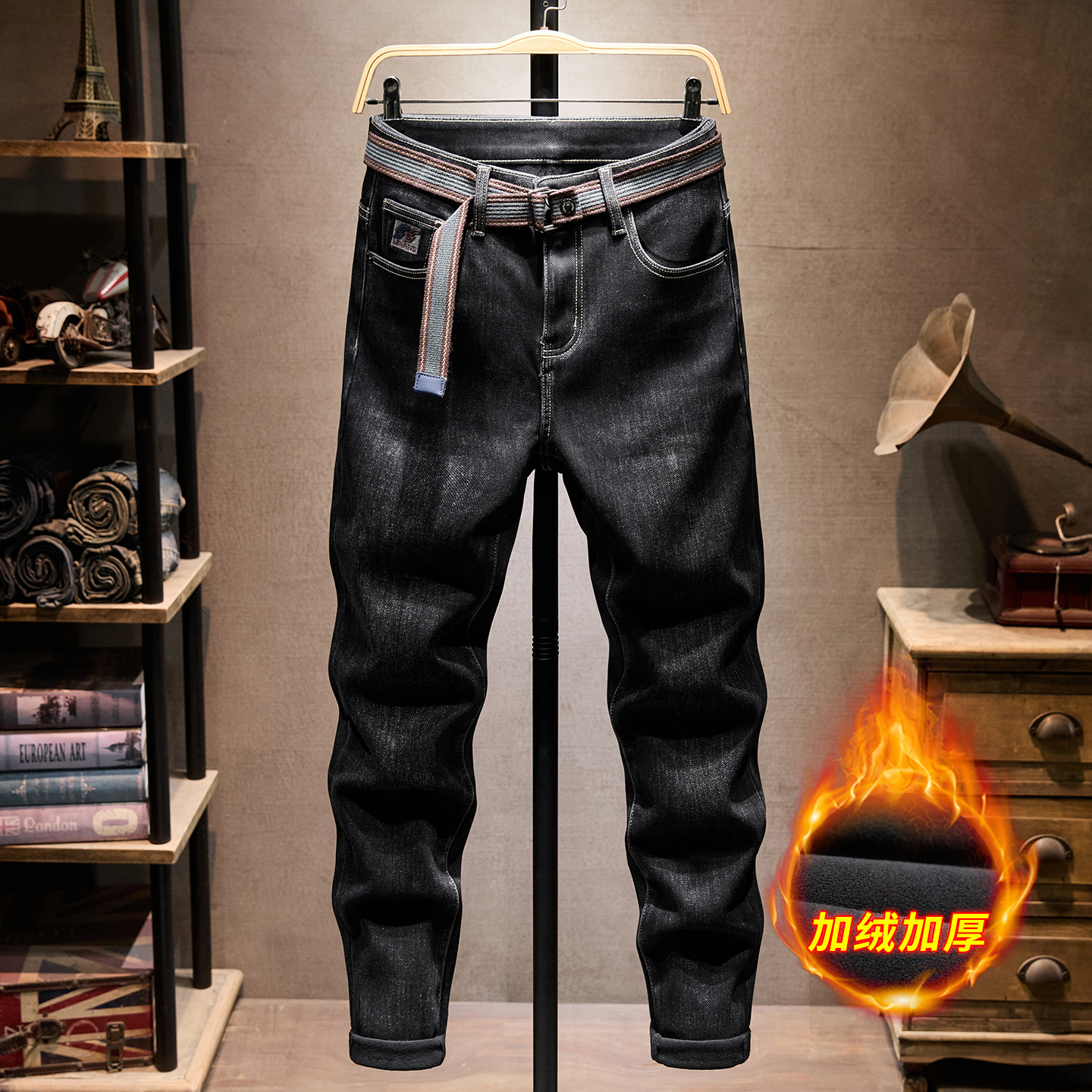 秋冬韩版中青年加绒加厚牛仔裤男冬季弹力修身小脚长裤保暖潮牌