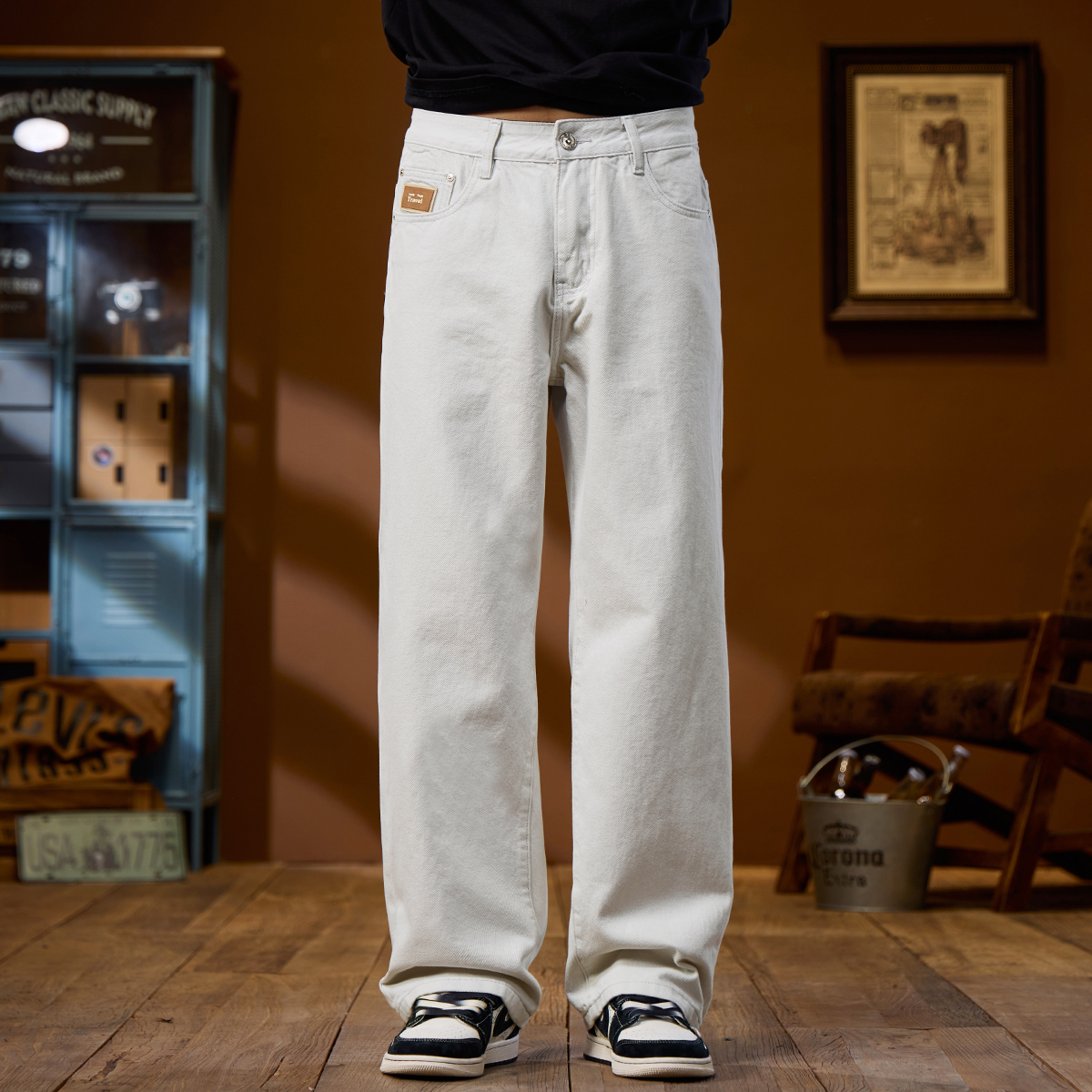2025新款潮牌白色简约牛仔裤男宽松直筒阔脚长裤春季裤子男裤
