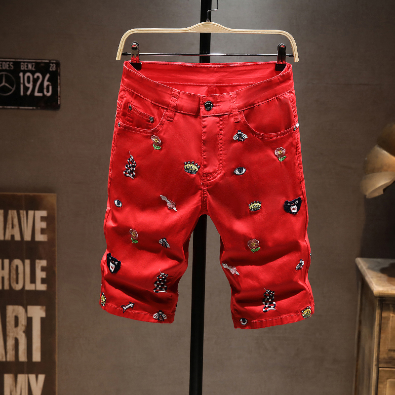 欧美红色夏季新款潮牌刺绣牛仔短裤男五分裤5分中裤休闲修身小脚