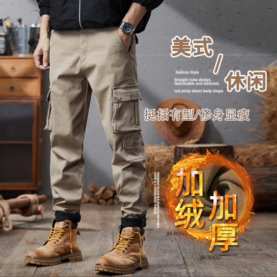 裤子男款秋冬季加绒复古工装裤宽松修身户外运动裤大码耐磨工作裤