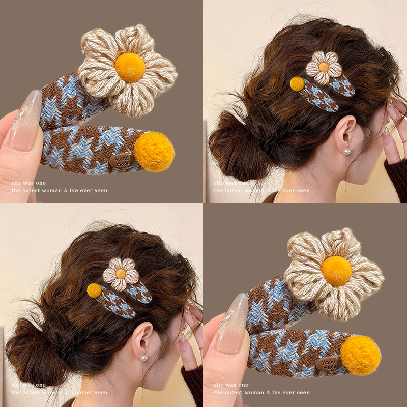 针织毛线格纹花朵发夹头饰女2025新款高端刘海侧边夹前额碎发发卡