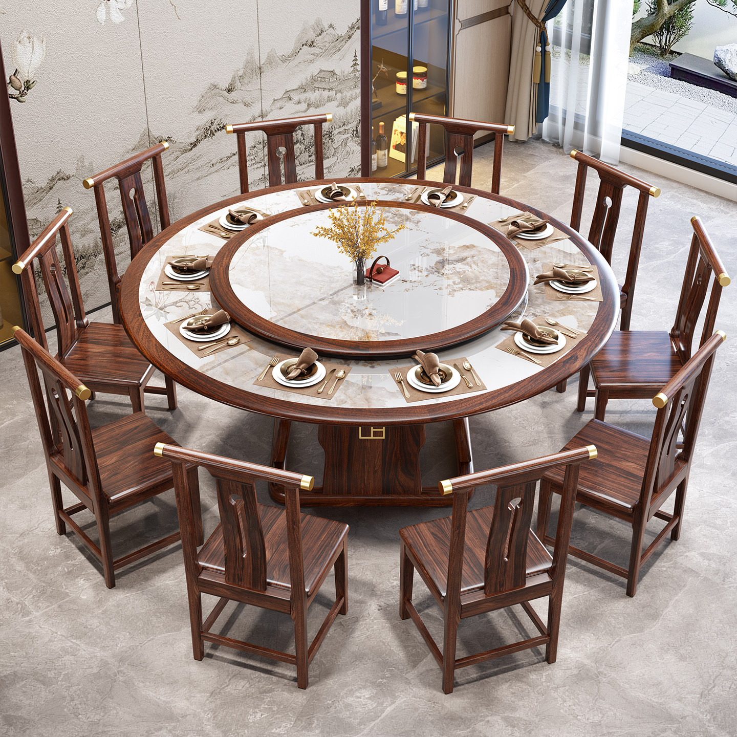 新中式乌金木圆形餐桌全实木岩板带转盘10人12人整装椅轻奢高档桌,住宅家具,岩板餐桌,淘宝优惠券,粉丝福利购,淘宝优惠卷