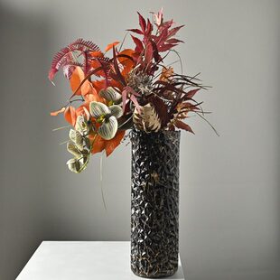 轻奢高级黑金圆形直筒琉璃花瓶别墅茶几餐桌台面装饰高大玻璃花瓶