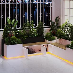 户外花箱座椅带柜门阳台造景防腐木长椅坐凳组合庭院不锈钢定制