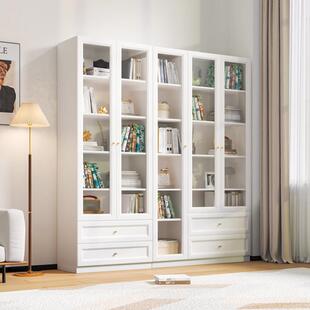 可比熊实木书柜带玻璃门家用书架置物架客厅落地收纳柜防尘组合柜