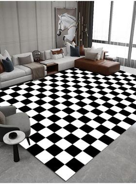 客厅地毯卧室沙发欧美黑白棋盘格床边毯绿色格子ins田园满铺地垫