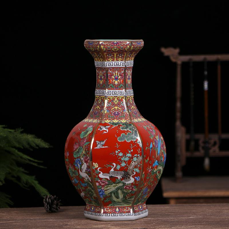 景德镇陶瓷珐琅彩六方花鸟花瓶彷古中式瓷器装饰品摆件工艺品