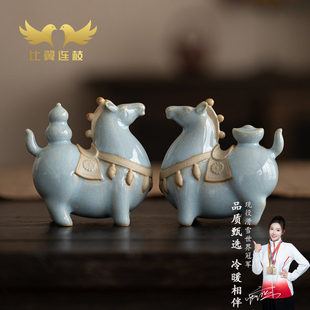 【比翼连枝】马上有福马上有钱汝瓷茶宠生肖马年摆件精品茶玩茶具