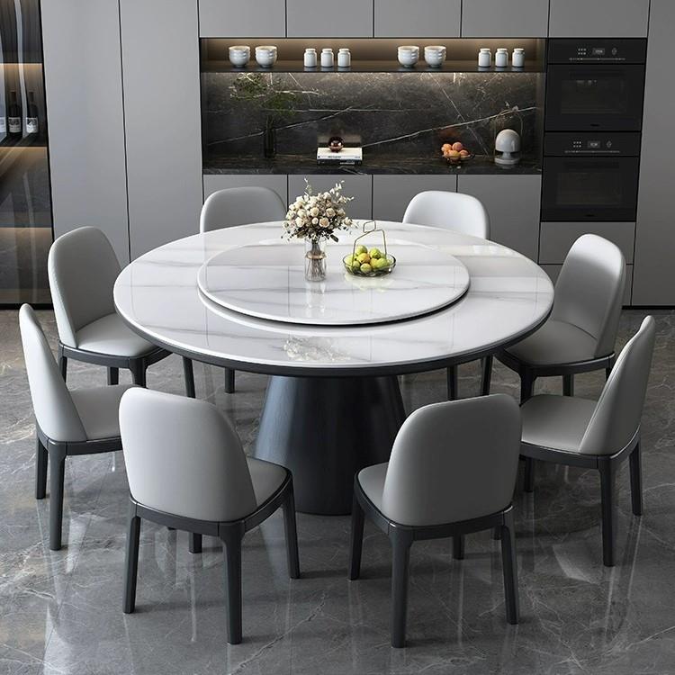 全实木岩板大圆桌家用吃饭10人带转盘现代轻奢别墅旋转饭厅餐桌椅