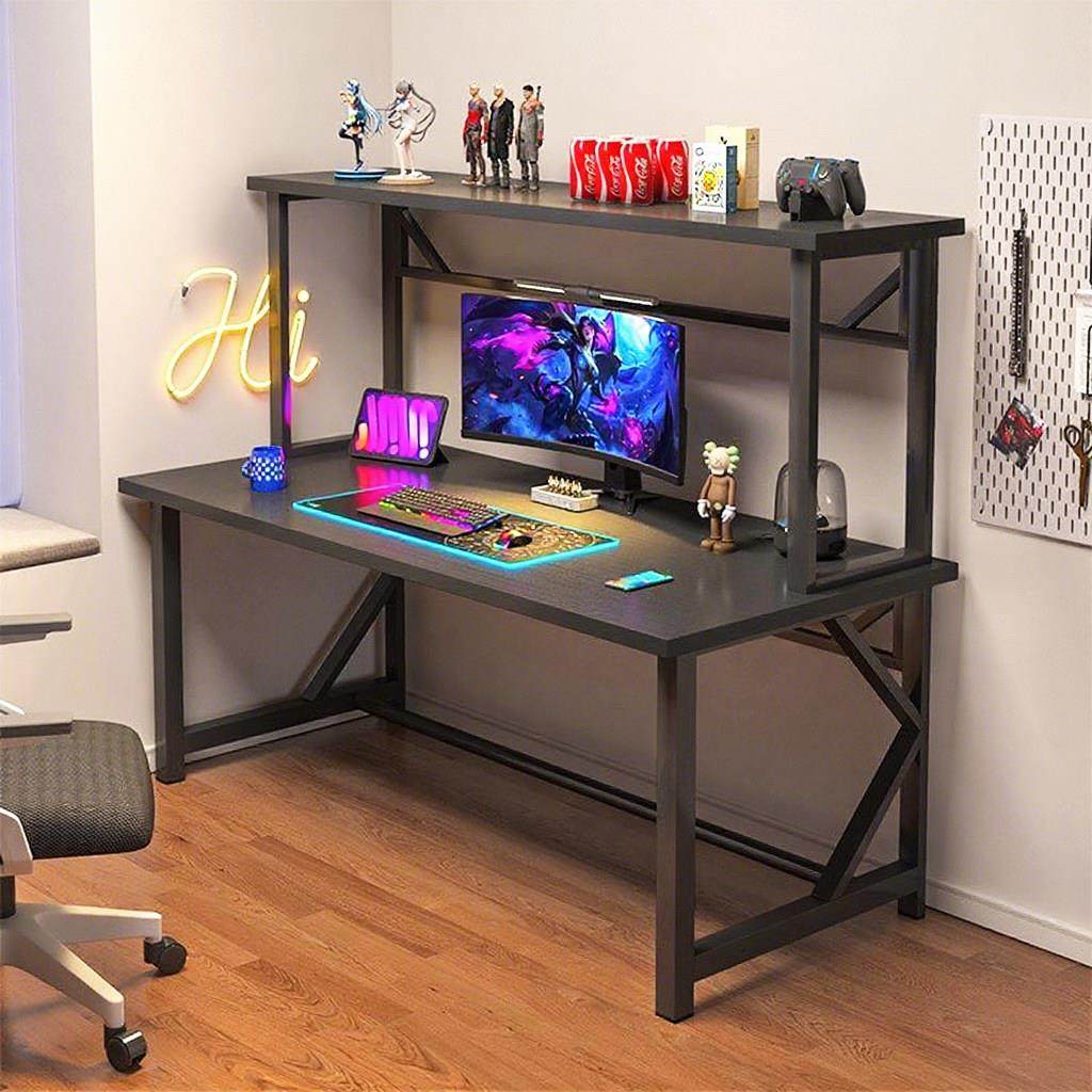 电脑桌电竞游戏家用简约带穿线孔风冷主机壳位书架一体台式加厚桌