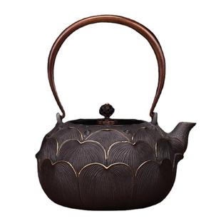 日本铁壶原铁无涂层鎏金工艺金莲铸铁壶茶壶烧水壶家用茶具铜提梁