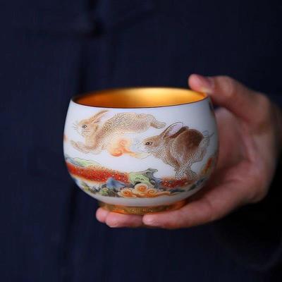 兔飞猛进茶杯主人杯品茗杯兔杯羊脂玉白瓷对杯个人专用功夫茶盏