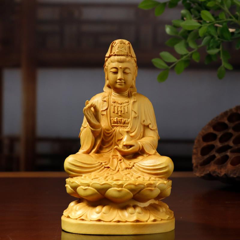黄杨木雕木质坐莲净瓶兰花指观音菩萨佛像居家汽车装饰雕刻摆件