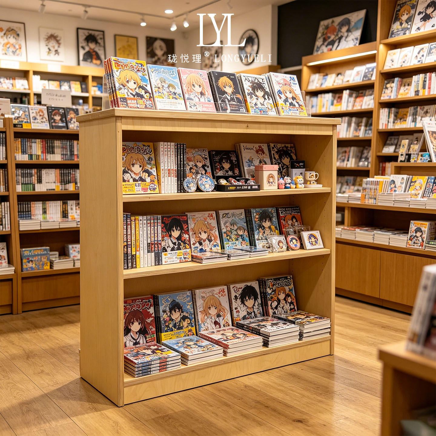 日式原木图书展示架漫画店书刊陈列柜多层动漫周边落地置物柜图片