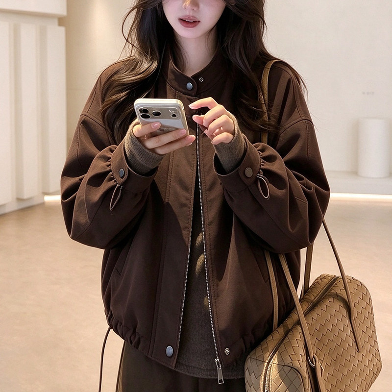 复古立领羊反绒皮革夹棉短外套女秋冬小个子时尚洋气宽松夹克上衣