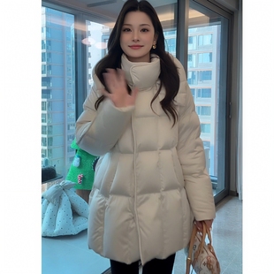 云朵泡芙羽绒服女中长款小个子立领连帽白鸭绒加厚保暖外套2025冬