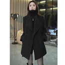黑色毛呢外套女小个子秋冬装 流行简约一粒扣系带显瘦羽绒呢子大衣
