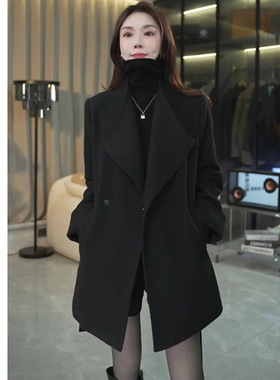 黑色毛呢外套女小个子秋冬装流行简约一粒扣系带显瘦羽绒呢子大衣
