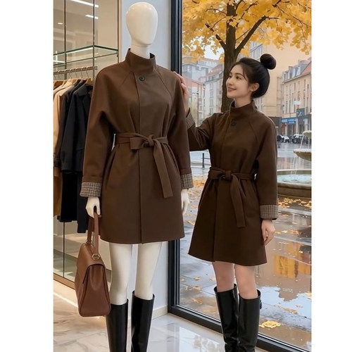 复古格纹袖口一粒扣系带风衣外套