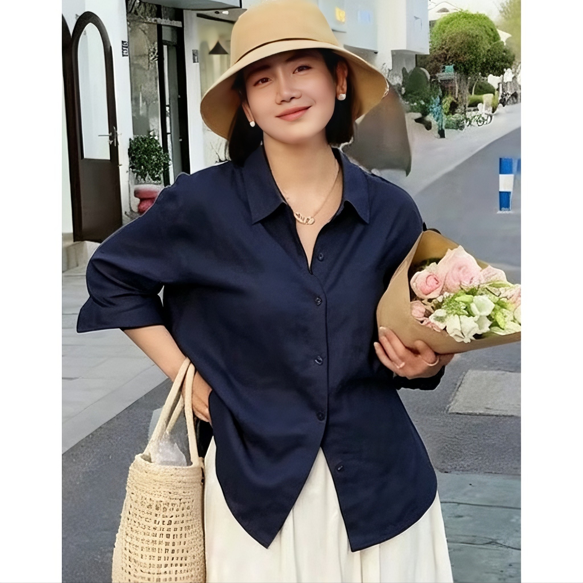 藏青色老钱风亚麻防晒衬衫女小个子休闲松弛薄款透气白色上衣夏季