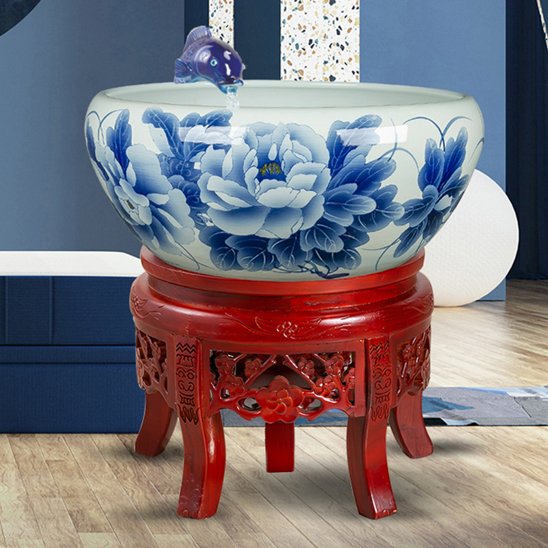 景德镇陶瓷鱼缸喷泉喷水循环增氧过滤器手绘山水锦鲤缸乌龟缸摆件