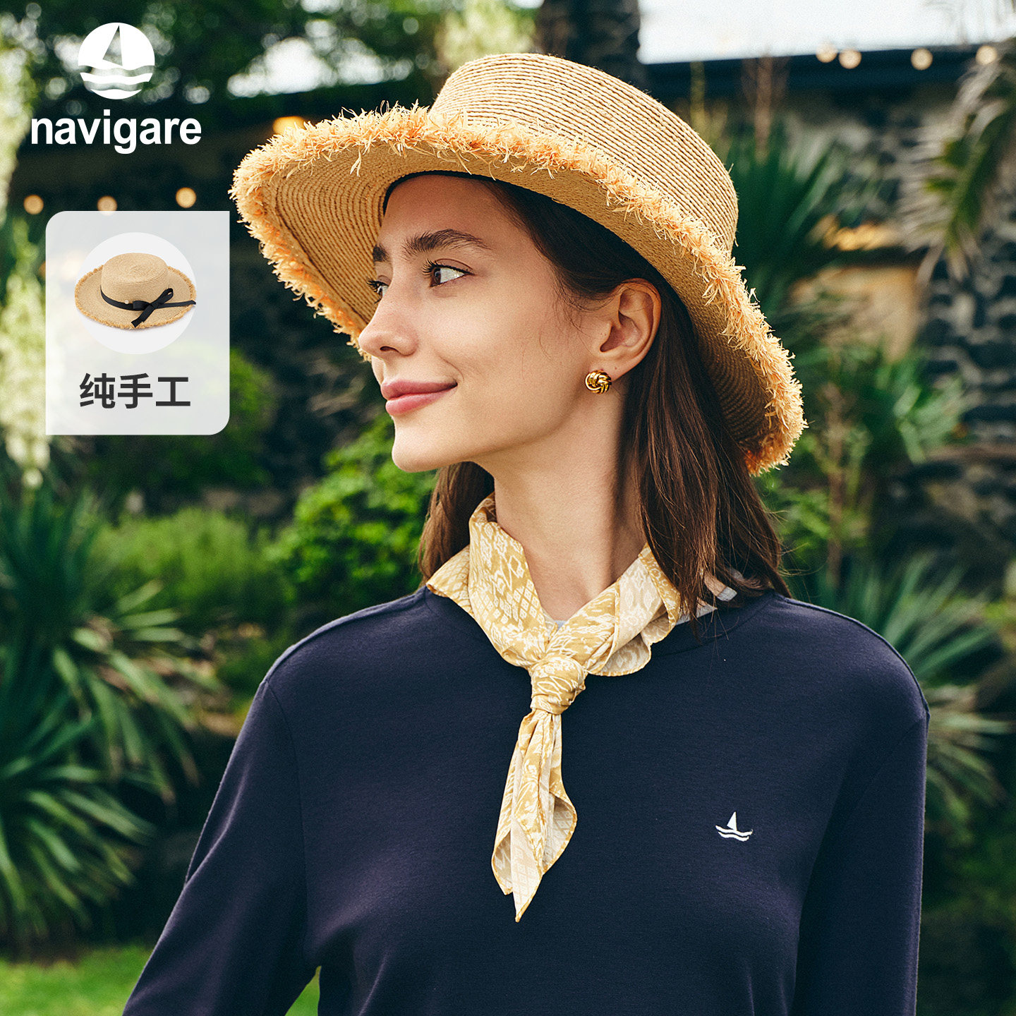 navigare意大利小帆船手工编织沙滩遮阳帽夏季优雅度假宽檐草