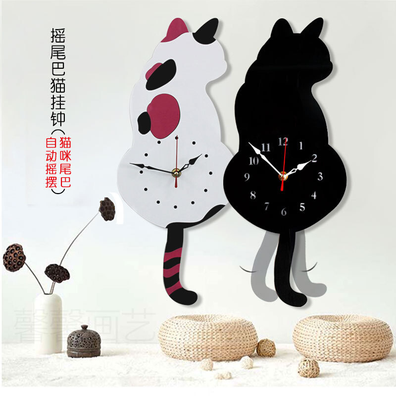 爆款摇摆猫挂钟创意亚克力静音钟表家居客厅装饰壁挂时钟现货批发