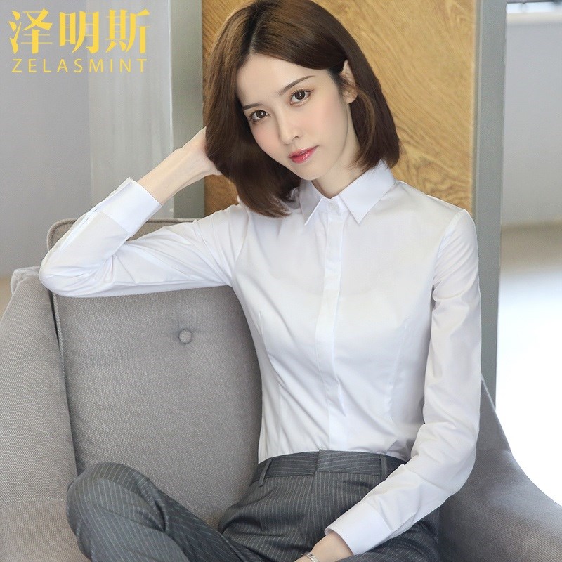 泽明斯职业白衬衫女长袖V领正装2023新款气质工作服衬衣春款上衣