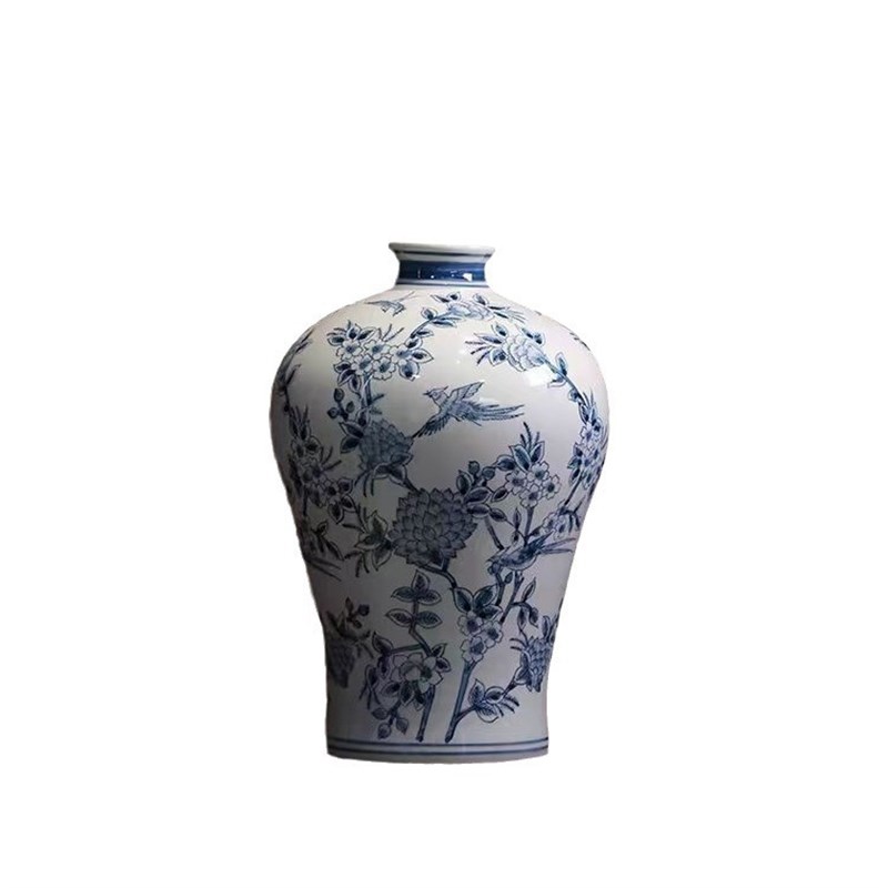 新中式青花瓷陶瓷花瓶 复古客厅插花花器 玄关摆件梅瓶
