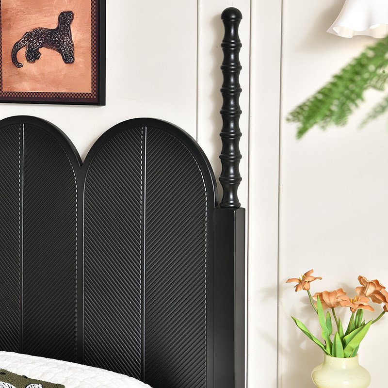 法式复古中古风全实木双人床1.8米罗马柱黑色美式轻奢床1.5米储物