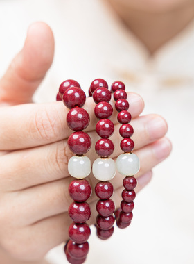 原创设计高含量朱砂紫金砂白玉手串透光手链女款国风单圈护身符男