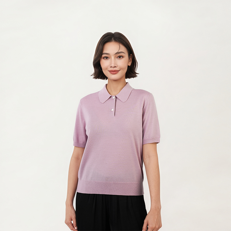 女士翻领新款纯色针织T恤短袖百搭时髦1N5706