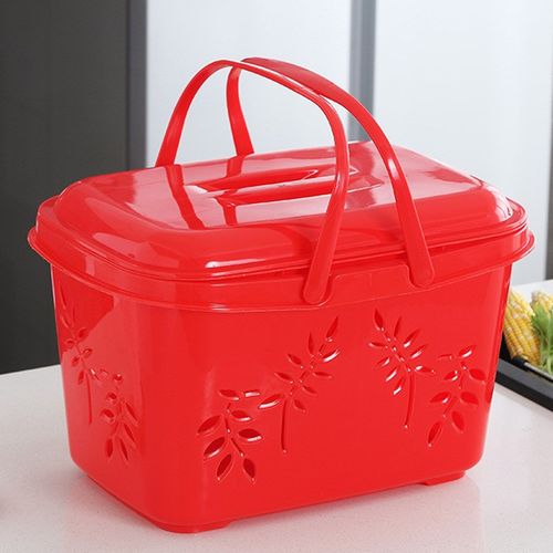 塑料带手提篮带盖购物篮大号塑料拜神篮蓝超市买菜篮野餐篮采摘篮