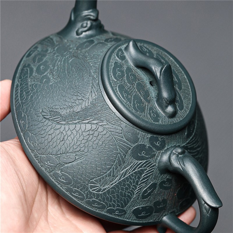 祥龙石瓢  宜兴原矿天青泥手工刻绘紫砂茶具茶壶