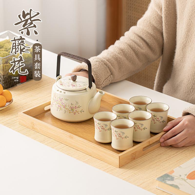 汝窑紫藤花功夫茶具套装家用整套泡茶组提梁壶盖碗商务礼品礼盒装