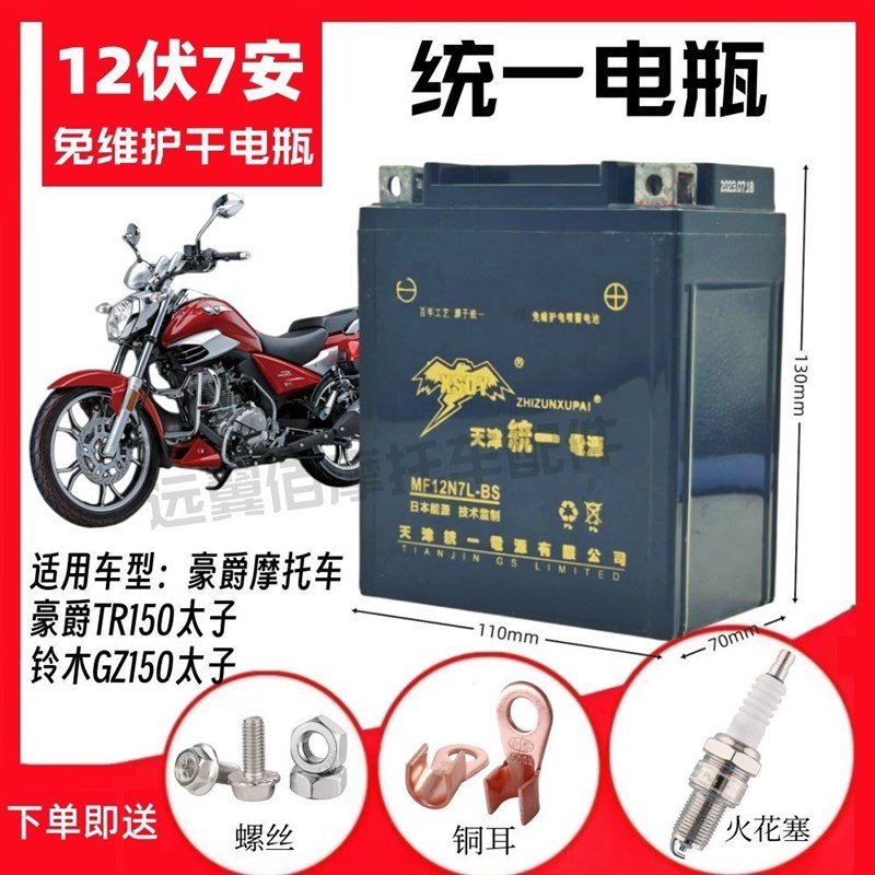 适用豪爵科幻太子TR150悦酷GZ150男士摩托车免维护蓄电池12V7A
