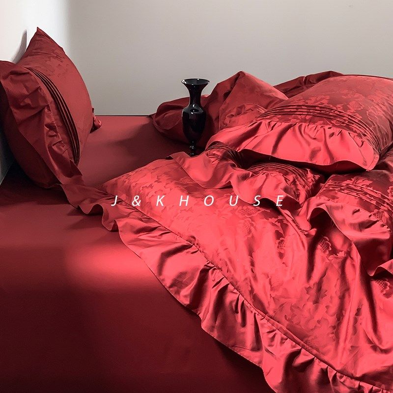 Luxury轻奢感贡缎四件套红色结婚床上用品婚庆婚嫁新婚床单