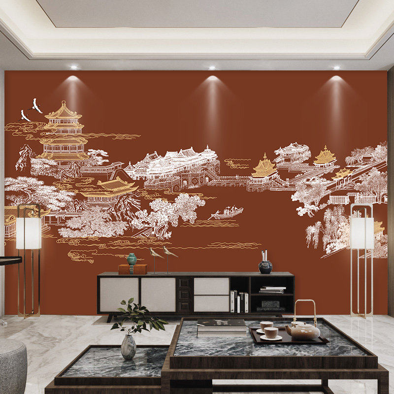 3d立体墙布定制中式壁纸亭台楼阁电视背景墙壁布客厅酒店装修壁纸