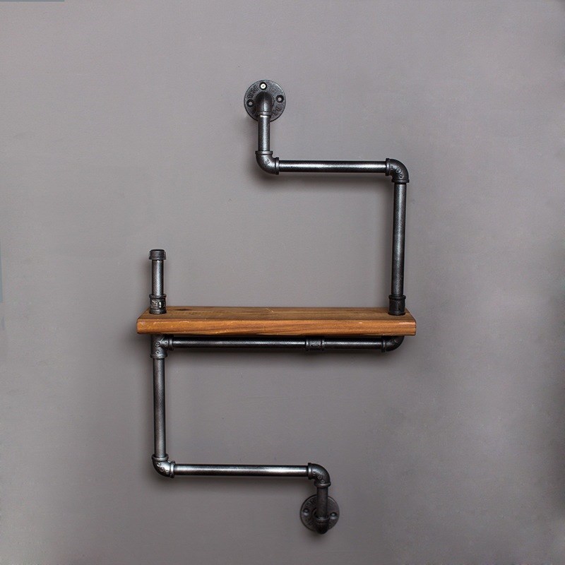 美式复古铁艺水管置物架工业风书架实木隔板墙上置物架层架实木