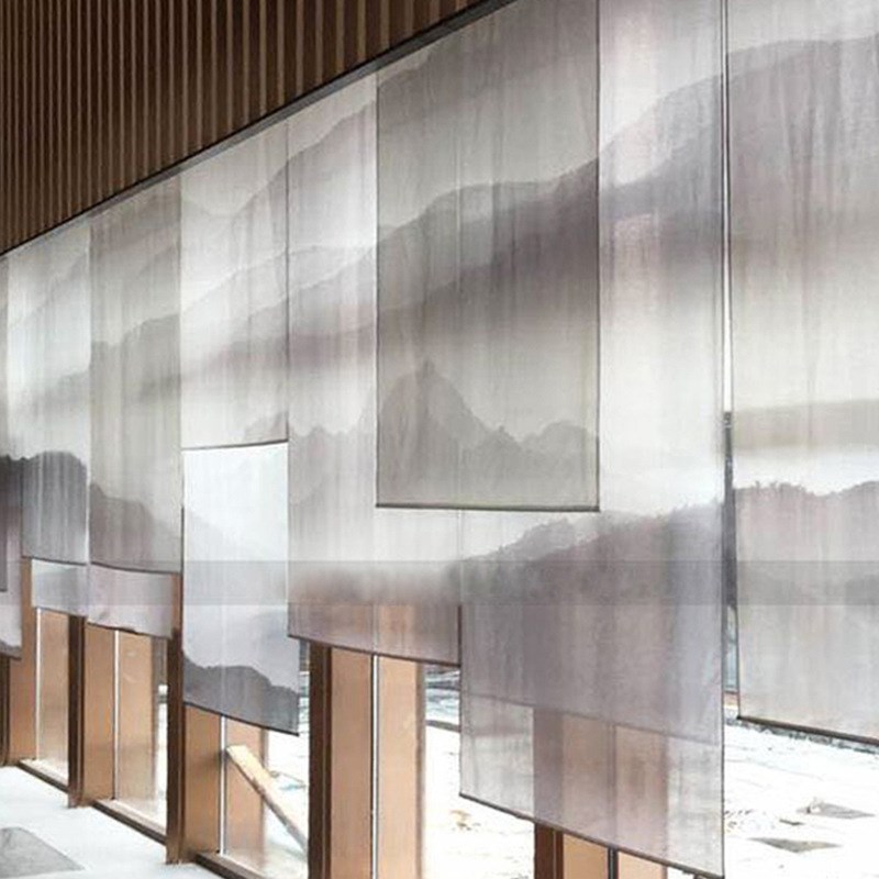 上海定做新中式半透明纱UV打印加工喷绘双面卷帘画半透纱屏风隔断