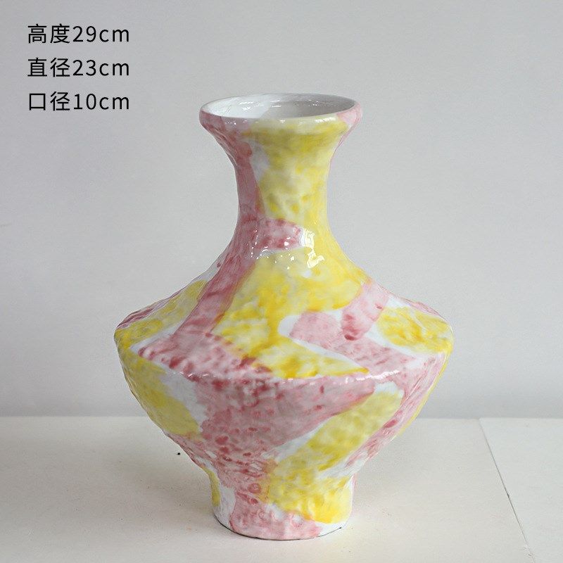 欧式幻彩手绘粉色小口陶瓷花瓶高级轻奢设计小众客厅摆件样板房