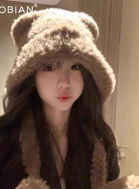 大头围保暖帽子女2025新款秋冬可爱毛绒绒小熊耳朵帽子护耳雷锋帽