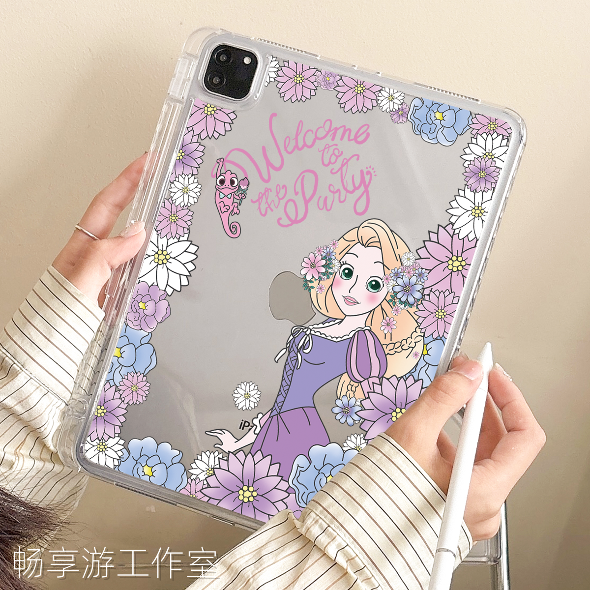 适用苹果平板ipad保护壳Air876Pro无盖亚克力10.9英寸第12十11九8代带笔槽防弯ipad平板保护套爱丽丝花丛公主
