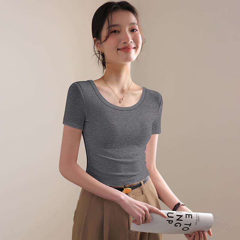 黑色正肩短袖t恤女夏2026新款圆领修身显瘦针织小衫韩系紧身上衣