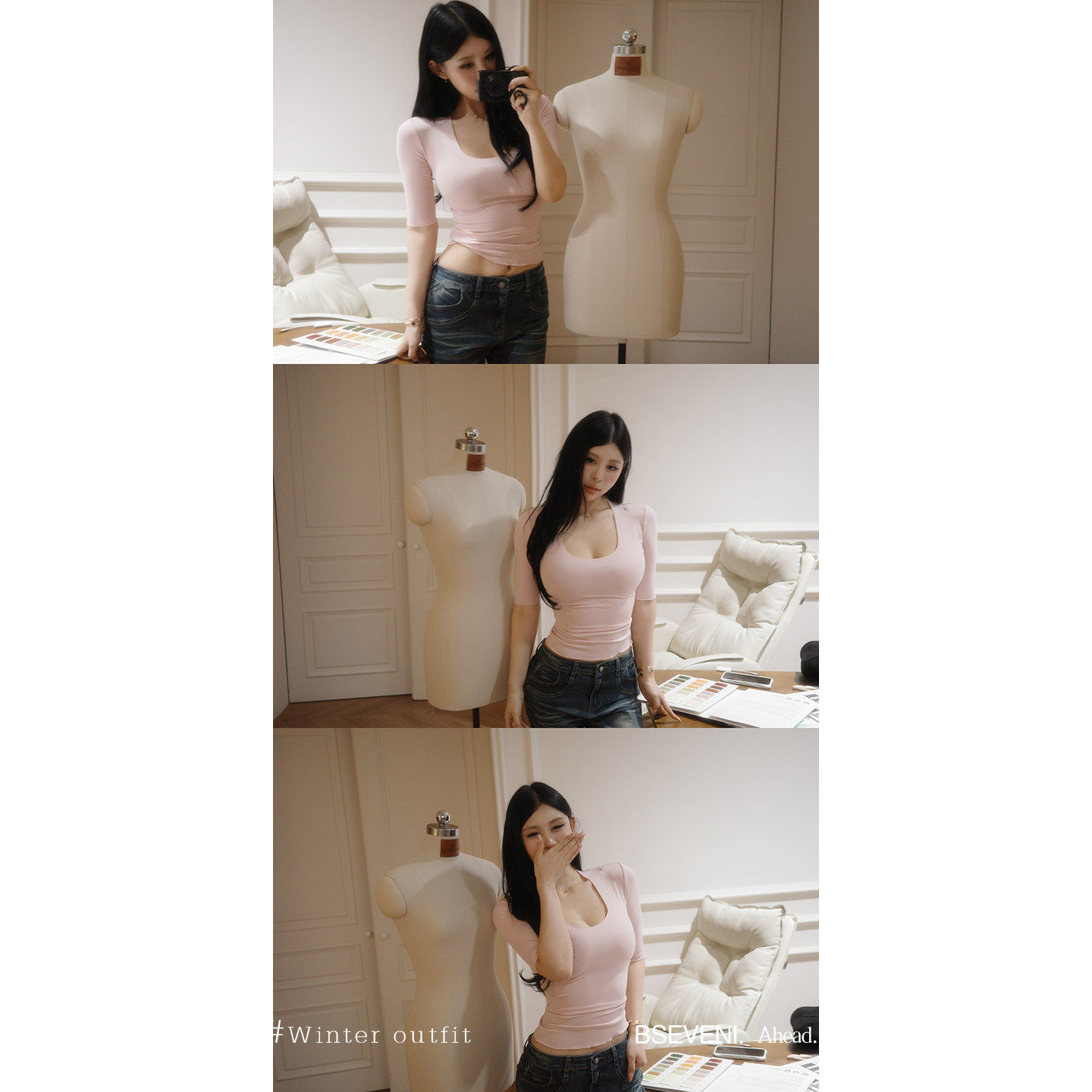 黑泽玄七2026春季新款微胖大U领五分袖t恤女修身显瘦百搭短袖上衣