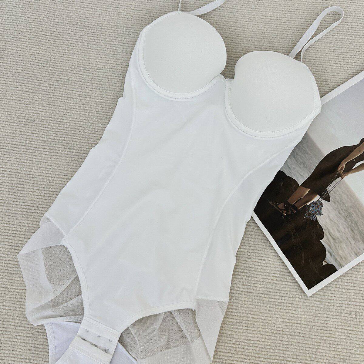 夏天超薄白色连体塑身衣收腹束腰女美体塑形束身内衣带文胸一体式