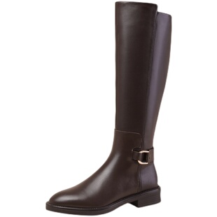 欧洲站棕色真皮高筒靴子真皮平底长靴2024年新款秋冬长筒骑士靴女