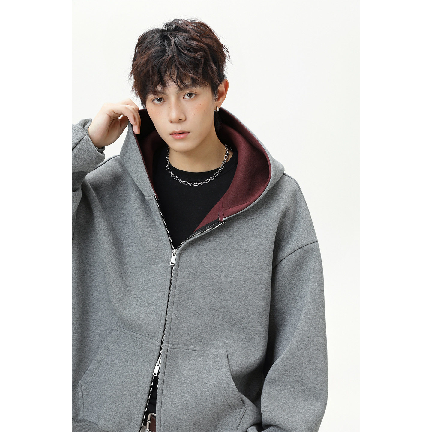 380g重磅美式撞色内里连帽卫衣男秋季款运动帽衫短宽廓形夹克外套